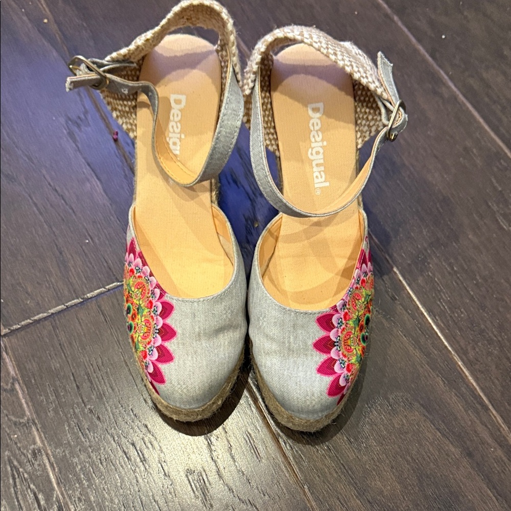 Desigual Gray Espadrilles with Pink Floral Mandala Embroidery